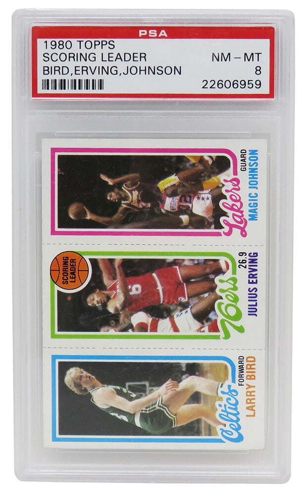 Larry Bird, Magic Johnson & Julius Erving 1980 Topps Scoring Leader RC Card (PSA 8 NM-MT)(F) - PS2BJ80T6 - Larry Bird, Magic Johnson & Julius Erving 1980 Topps Scoring Leader RC Card (PSA 8 NM-MT)(F) product image