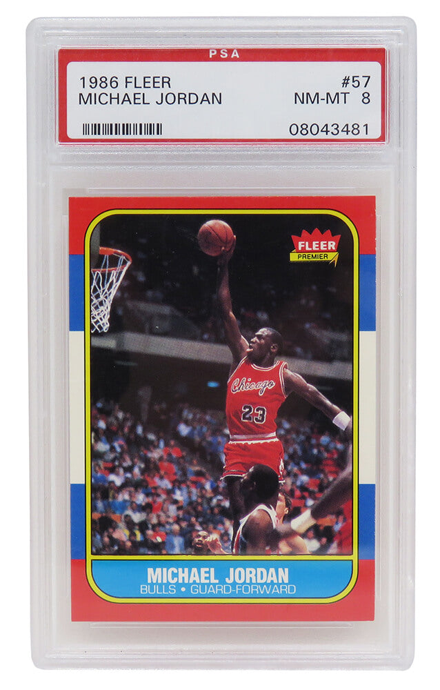 Michael Jordan (Chicago Bulls) 1986 Fleer Basketball #57 RC Rookie Card - PSA 8 NM-MT - PS2MJ86FA - Michael Jordan (Chicago Bulls) 1986 Fleer Basketball #57 RC Rookie Card - PSA 8 NM-MT product image