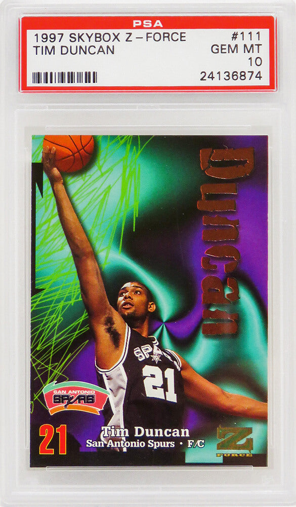 Tim Duncan (San Antonio Spurs) 1997 Skybox Z-Force Basketball #111 RC Rookie Card - PSA 10 GEM MINT - PS2TD97S1 - Tim Duncan (San Antonio Spurs) 1997 Skybox Z-Force Basketball #111 RC Rookie Card - PSA 10 GEM MINT product image