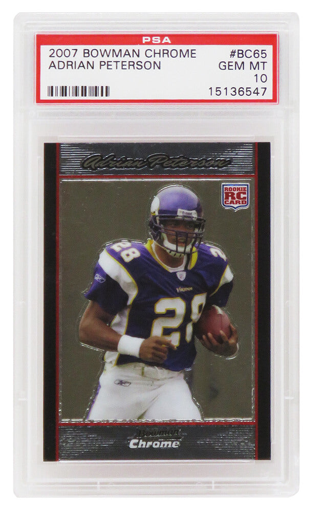 Adrian Peterson (Minnesota Vikings) 2007 Bowman Chrome #BC65 RC Rookie Card - PSA 10 GEM MINT - PS3AP07B1 - Adrian Peterson (Minnesota Vikings) 2007 Bowman Chrome #BC65 RC Rookie Card - PSA 10 GEM MINT product image