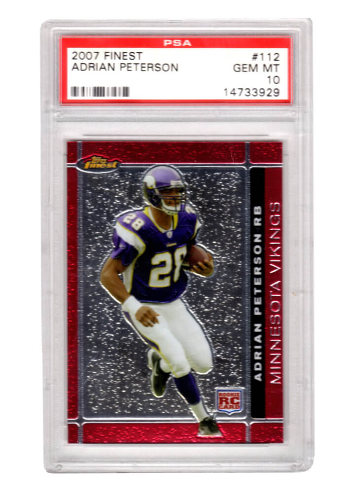 Adrian Peterson (Minnesota Vikings) 2007 Topps Finest Football #112 RC Rookie Card - PSA 10 GEM MINT - PS3AP07F1 - Adrian Peterson (Minnesota Vikings) 2007 Topps Finest Football #112 RC Rookie Card - PSA 10 GEM MINT product image