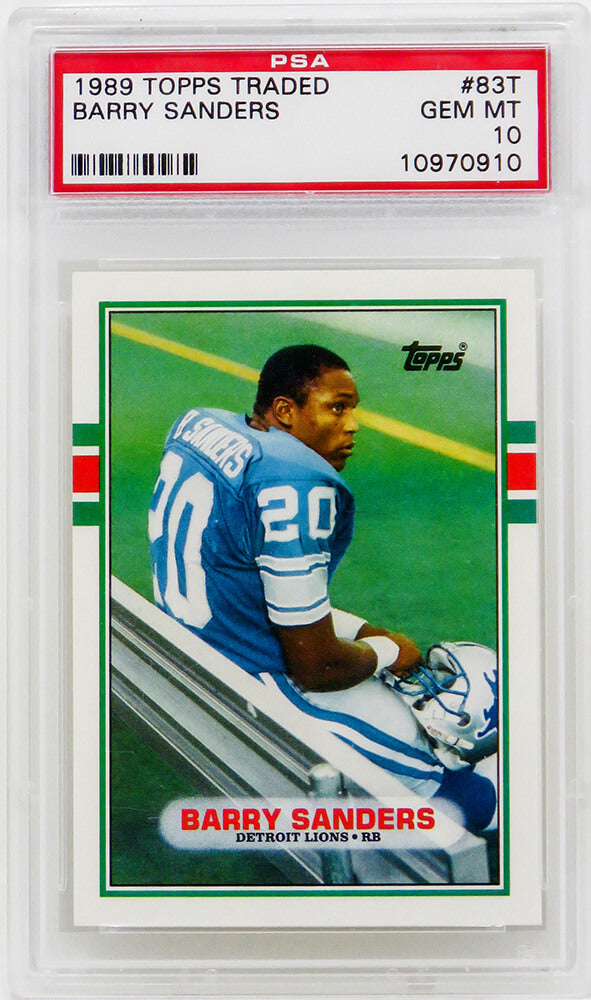 Barry Sanders (Detroit Lions) 1989 Topps Traded Football #83T RC Rookie Card - PSA 10 GEM MINT - PS3BS89T1 - Barry Sanders (Detroit Lions) 1989 Topps Traded Football #83T RC Rookie Card - PSA 10 GEM MINT product image