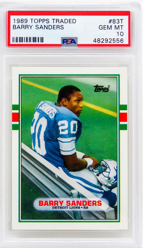 Barry Sanders (Detroit Lions) 1989 Topps Traded Football #83T RC Rookie Card - PSA 10 GEM MINT (New Label) - PS3BS89T2 - Barry Sanders (Detroit Lions) 1989 Topps Traded Football #83T RC Rookie Card - PSA 10 GEM MINT (New Label) product image