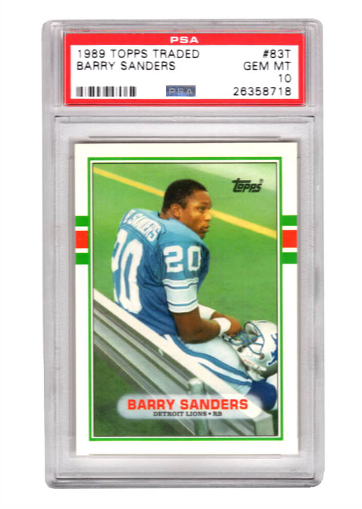 Barry Sanders (Detroit Lions) 1989 Topps Traded Football #83T RC Rookie Card - PSA 10 GEM MINT (Silver Label) - PS3BS89T3 - Barry Sanders (Detroit Lions) 1989 Topps Traded Football #83T RC Rookie Card - PSA 10 GEM MINT (Silver Label) product image