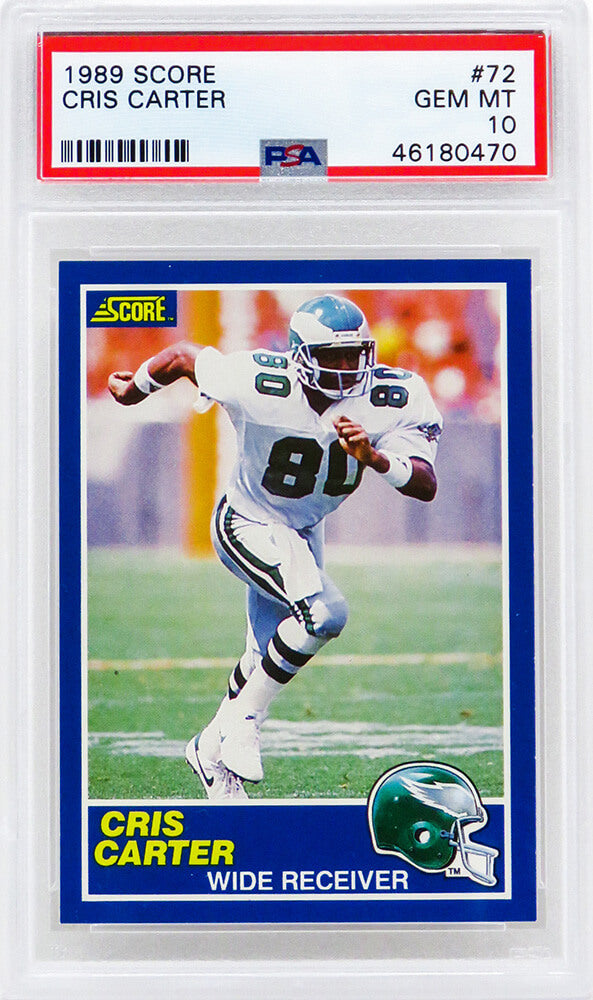 Cris Carter (Philadelphia Eagles) 1989 Score Football #72 RC Rookie Card - PSA 10 GEM MINT (New Label) - PS3CC89S2 - Cris Carter (Philadelphia Eagles) 1989 Score Football #72 RC Rookie Card - PSA 10 GEM MINT (New Label) product image