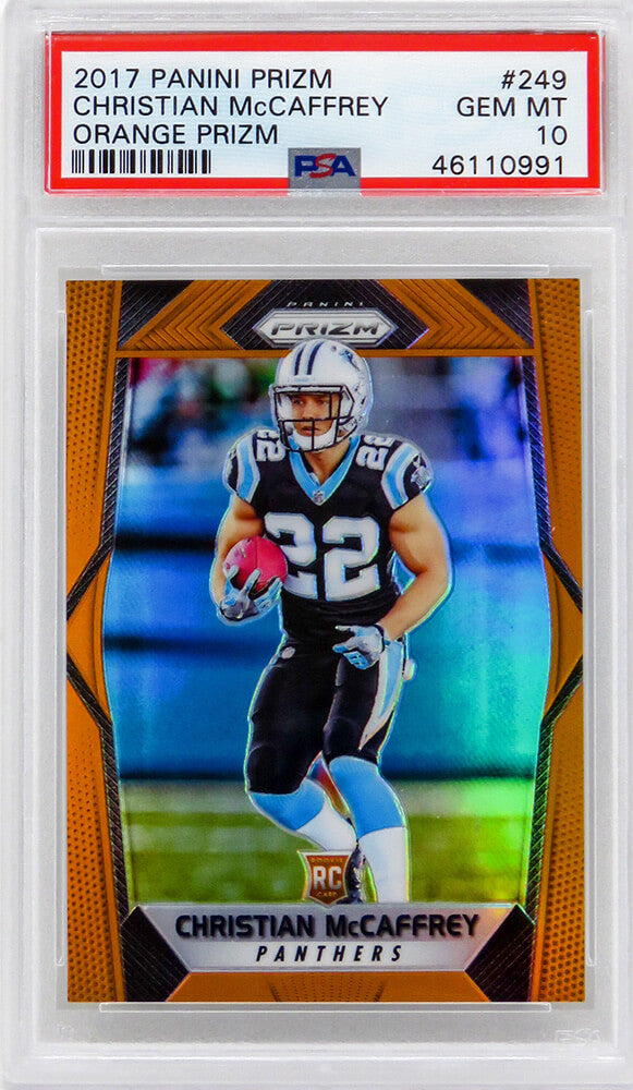 Christian McCaffrey (Carolina Panthers) 2017 Panini Prizm Football #249 Orange Prizm RC Rookie Card - PSA 10 GEM MINT - PS3CM17P2 - Christian McCaffrey (Carolina Panthers) 2017 Panini Prizm Football #249 Orange Prizm RC Rookie Card - PSA 10 GEM MINT product image