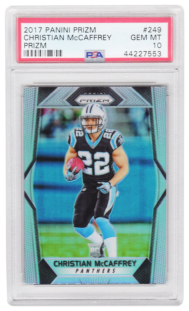 Christian McCaffrey (Carolina Panthers) 2017 Panini Prizm Football #249 Prizm RC Rookie Card - PSA 10 GEM MINT (New Label) - PS3CM17P3 - Christian McCaffrey (Carolina Panthers) 2017 Panini Prizm Football #249 Prizm RC Rookie Card - PSA 10 GEM MINT (New Label) product image
