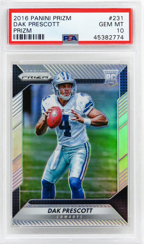 Dak Prescott (Dallas Cowboys) 2016 Panini Prizm Football #231 Flash Prizm RC Rookie Card - PSA 10 GEM MINT - PS3DP16P2 - Dak Prescott (Dallas Cowboys) 2016 Panini Prizm Football #231 Flash Prizm RC Rookie Card - PSA 10 GEM MINT product image