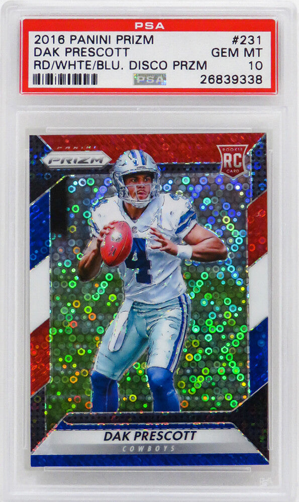 Dak Prescott (Dallas Cowboys) 2016 Panini Prizm Football #231 Disco Prizm RC Rookie Card - PSA 10 GEM MINT - PS3DP16P3 - Dak Prescott (Dallas Cowboys) 2016 Panini Prizm Football #231 Disco Prizm RC Rookie Card - PSA 10 GEM MINT product image