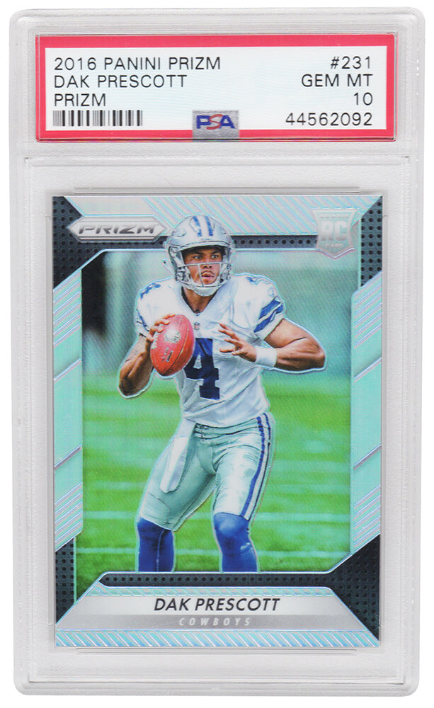Dak Prescott (Dallas Cowboys) 2016 Panini Prizm Football #231 Prizm RC Rookie Card - PSA 10 GEM MINT (New Label) - PS3DP16P4 - Dak Prescott (Dallas Cowboys) 2016 Panini Prizm Football #231 Prizm RC Rookie Card - PSA 10 GEM MINT (New Label) product image