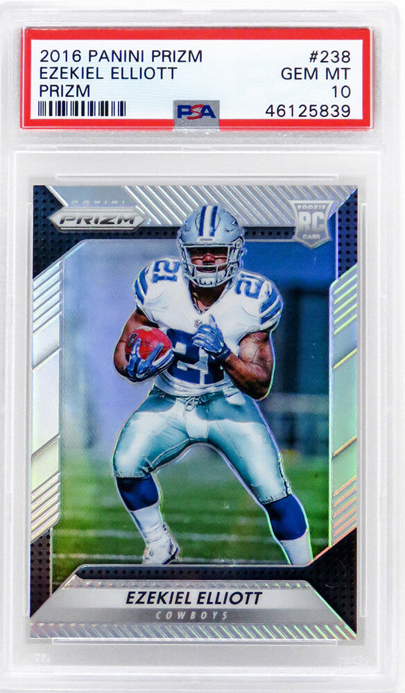 Ezekiel Elliott (Dallas Cowboys) 2016 Panini Prizm Football #238 Prizm RC Rookie Card - PSA 10 GEM MINT - PS3EE16P1 - Ezekiel Elliott (Dallas Cowboys) 2016 Panini Prizm Football #238 Prizm RC Rookie Card - PSA 10 GEM MINT product image