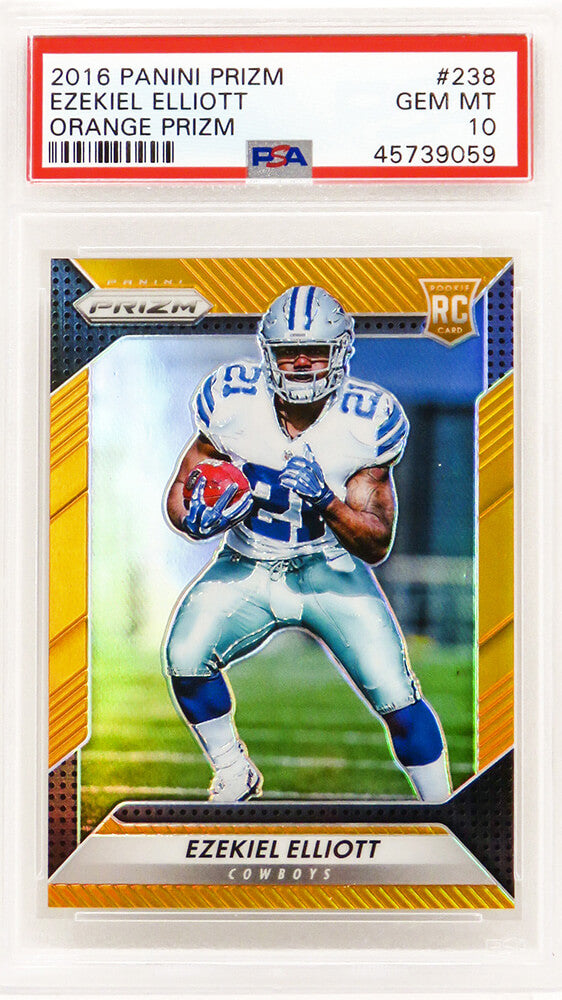 Ezekiel Elliott (Dallas Cowboys) 2016 Panini Prizm Football #238 Orange Prizm RC Rookie Card - PSA 10 GEM MINT - PS3EE16P2 - Ezekiel Elliott (Dallas Cowboys) 2016 Panini Prizm Football #238 Orange Prizm RC Rookie Card - PSA 10 GEM MINT product image