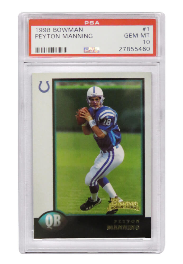 Peyton Manning (Colts) 1998 Bowman Football #1 RC Rookie Card - PSA 10 GEM MINT (Silver Label) - PS3PM98B2 - Peyton Manning (Colts) 1998 Bowman Football #1 RC Rookie Card - PSA 10 GEM MINT (Silver Label) product image