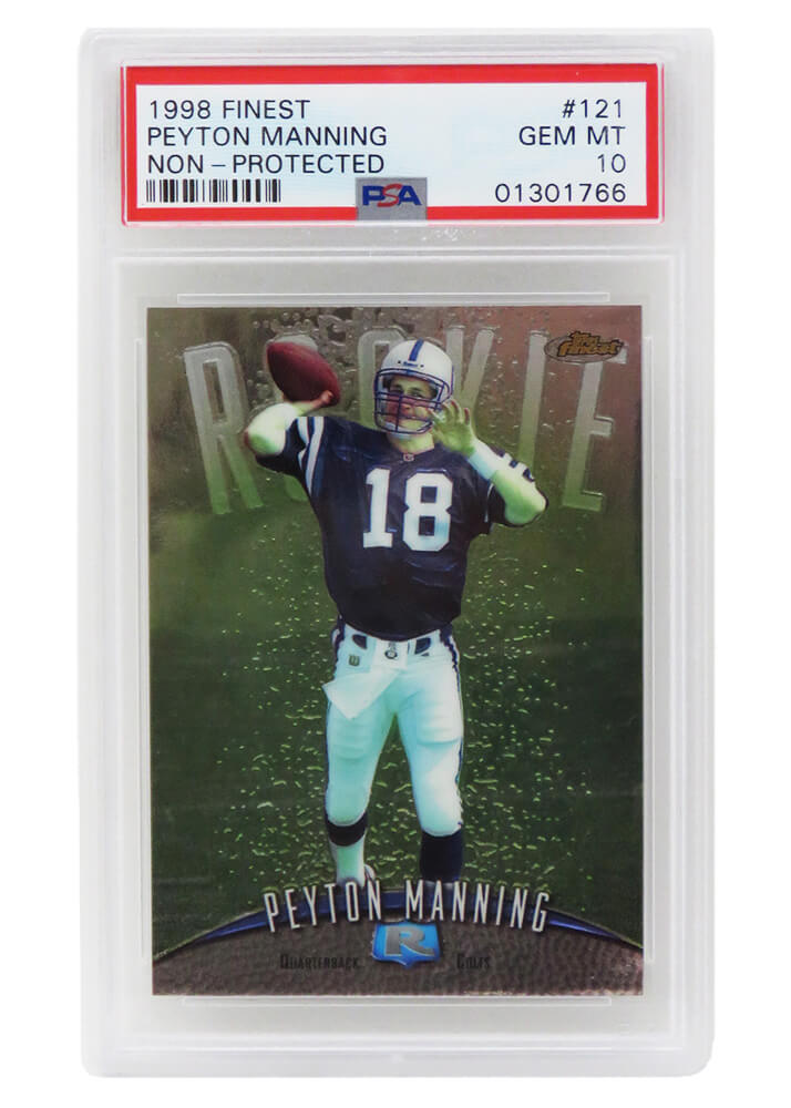 Peyton Manning (Indianapolis Colts) 1998 Topps Finest Football #121 RC Rookie Card - PSA 10 GEM MINT (New Label) - PS3PM98F2 - Peyton Manning (Indianapolis Colts) 1998 Topps Finest Football #121 RC Rookie Card - PSA 10 GEM MINT (New Label) product image
