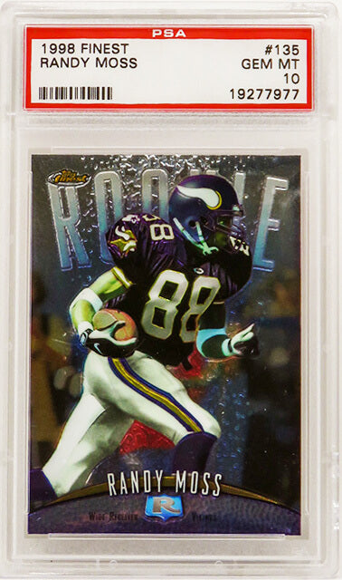 Randy Moss (Minnesota Vikings) 1998 Topps Finest Football #135 RC Rookie Card - PSA 10 GEM MINT - PS3RM98F2 - Randy Moss (Minnesota Vikings) 1998 Topps Finest Football #135 RC Rookie Card - PSA 10 GEM MINT product image