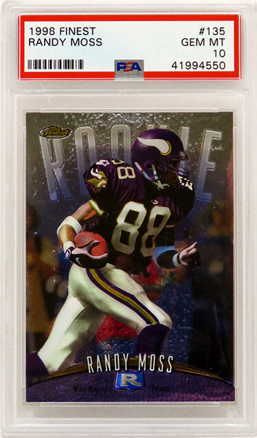 Randy Moss (Minnesota Vikings) 1998 Topps Finest Football #135 RC Rookie Card - PSA 10 GEM MINT (New Label) - PS3RM98F4 - Randy Moss (Minnesota Vikings) 1998 Topps Finest Football #135 RC Rookie Card - PSA 10 GEM MINT (New Label) product image
