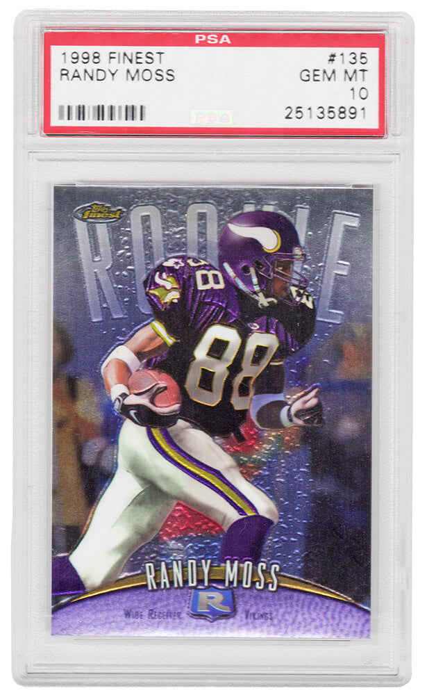 Randy Moss (Minnesota Vikings) 1998 Topps Finest Football #135 RC Rookie Card - PSA 10 GEM MINT (Silver Label) - PS3RM98F7 - Randy Moss (Minnesota Vikings) 1998 Topps Finest Football #135 RC Rookie Card - PSA 10 GEM MINT (Silver Label) product image