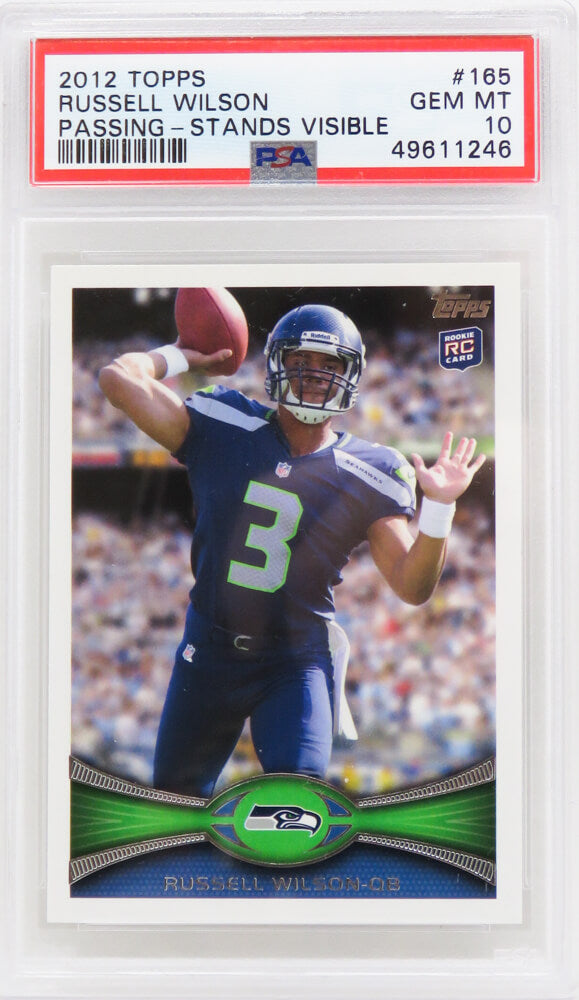 Russell Wilson (Seattle Seahawks) 2012 Topps Passing - Stands Visible RC Rookie Card #165 (PSA 10 - GM MT) (New Label) - PS3RW12T1 - Russell Wilson (Seattle Seahawks) 2012 Topps Passing - Stands Visible RC Rookie Card #165 (PSA 10 - GM MT) (New Label) product image