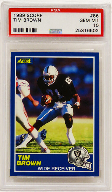 Tim Brown (Raiders) 1989 Score Football #86 RC Rookie Card - PSA 10 GEM MINT (Silver Label) - PS3TB89S2 - Tim Brown (Raiders) 1989 Score Football #86 RC Rookie Card - PSA 10 GEM MINT (Silver Label) product image