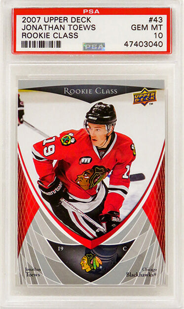 Jonathan Toews (Chicago Blackhawks) 2007 Upper Deck Rookie Class Hockey #43 RC Rookie Card - PSA 10 GEM MINT (Silver Label) - PS4JT07U1 - Jonathan Toews (Chicago Blackhawks) 2007 Upper Deck Rookie Class Hockey #43 RC Rookie Card - PSA 10 GEM MINT (Silver Label) product image