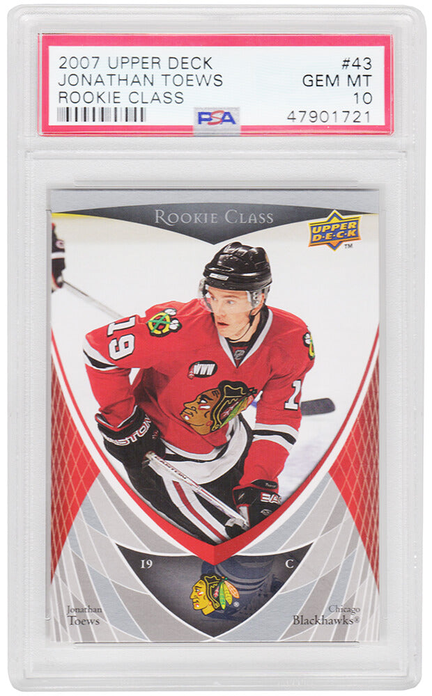 Jonathan Toews (Chicago Blackhawks) 2007 Upper Deck Rookie Class Hockey #43 RC Rookie Card - PSA 10 GEM MINT (New Label) - PS4JT07U2 - Jonathan Toews (Chicago Blackhawks) 2007 Upper Deck Rookie Class Hockey #43 RC Rookie Card - PSA 10 GEM MINT (New Label) product image
