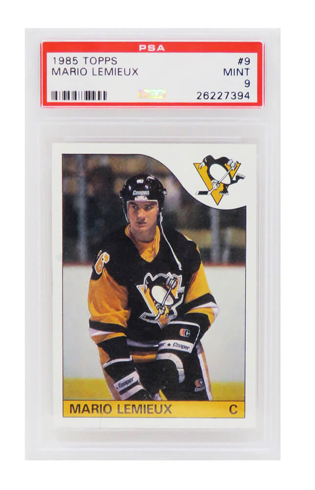 Mario Lemieux (Pittsburgh Penguins) 1985 Topps Hockey RC Rookie Card #9 - PSA 9 MINT (A) - PS4ML85TA - Mario Lemieux (Pittsburgh Penguins) 1985 Topps Hockey RC Rookie Card #9 - PSA 9 MINT (A) product image