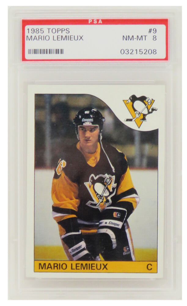Mario Lemieux (Pittsburgh Penguins) 1985 Topps Hockey RC Rookie Card #9 - (PSA 8 NM-MT) (C.) - PS4ML85TC - Mario Lemieux (Pittsburgh Penguins) 1985 Topps Hockey RC Rookie Card #9 - (PSA 8 NM-MT) (C.) product image