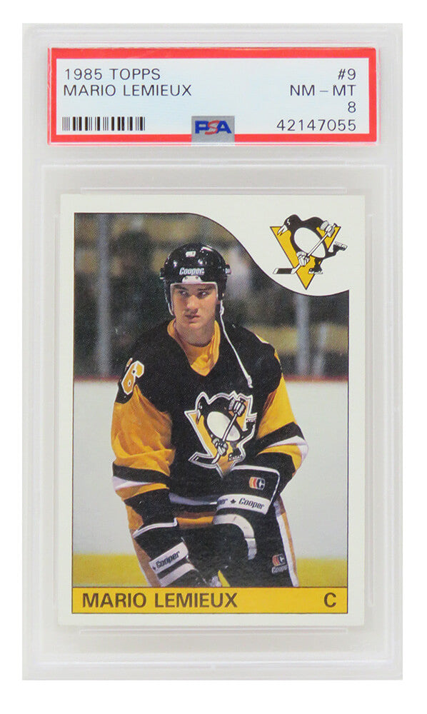 Mario Lemieux (Pittsburgh Penguins) 1985 Topps Hockey RC Rookie Card #9 - (PSA 8 NM-MT) (D) - PS4ML85TD - Mario Lemieux (Pittsburgh Penguins) 1985 Topps Hockey RC Rookie Card #9 - (PSA 8 NM-MT) (D) product image