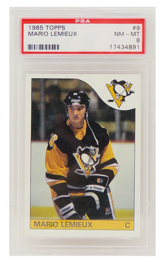 Mario Lemieux (Pittsburgh Penguins) 1985 Topps Hockey RC Rookie Card #9 - (PSA 8 NM-MT) (F) - PS4ML85TF - Mario Lemieux (Pittsburgh Penguins) 1985 Topps Hockey RC Rookie Card #9 - (PSA 8 NM-MT) (F) product image