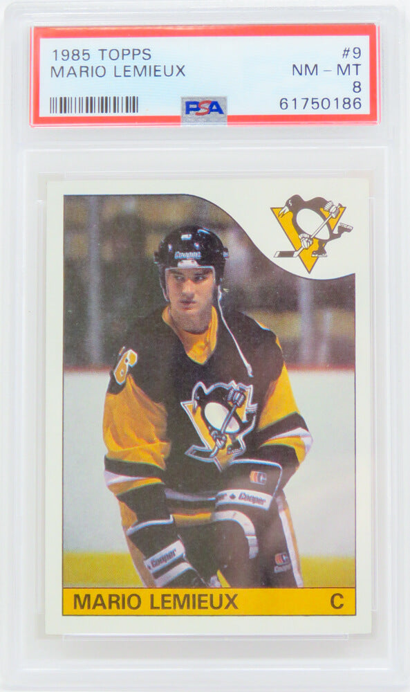 Mario Lemieux (Pittsburgh Penguins) 1985 Topps Hockey RC Rookie Card #9 - (PSA 8 NM-MT) (G) - PS4ML85TG - Mario Lemieux (Pittsburgh Penguins) 1985 Topps Hockey RC Rookie Card #9 - (PSA 8 NM-MT) (G) product image