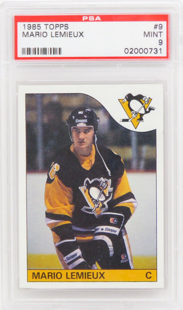 Mario Lemieux (Pittsburgh Penguins) 1985 Topps Hockey RC Rookie Card #9 - (PSA 9 MINT) (J) - PS4ML85TJ - Mario Lemieux (Pittsburgh Penguins) 1985 Topps Hockey RC Rookie Card #9 - (PSA 9 MINT) (J) product image