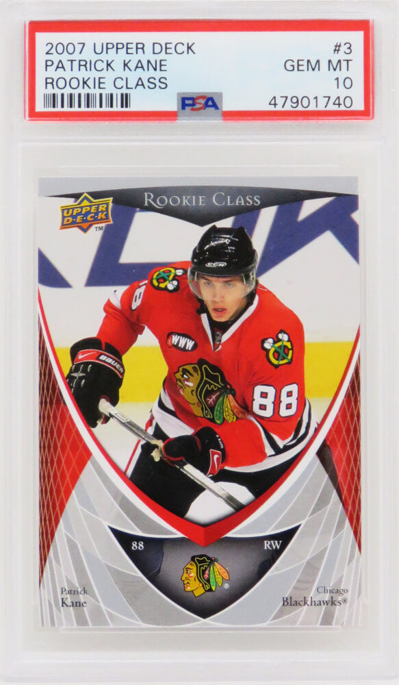 Patrick Kane (Chicago Blackhawks) 2007 Upper Deck Rookie Class Hockey #3 RC Rookie Card - PSA 10 GEM MINT - PS4PK07U1 - Patrick Kane (Chicago Blackhawks) 2007 Upper Deck Rookie Class Hockey #3 RC Rookie Card - PSA 10 GEM MINT product image