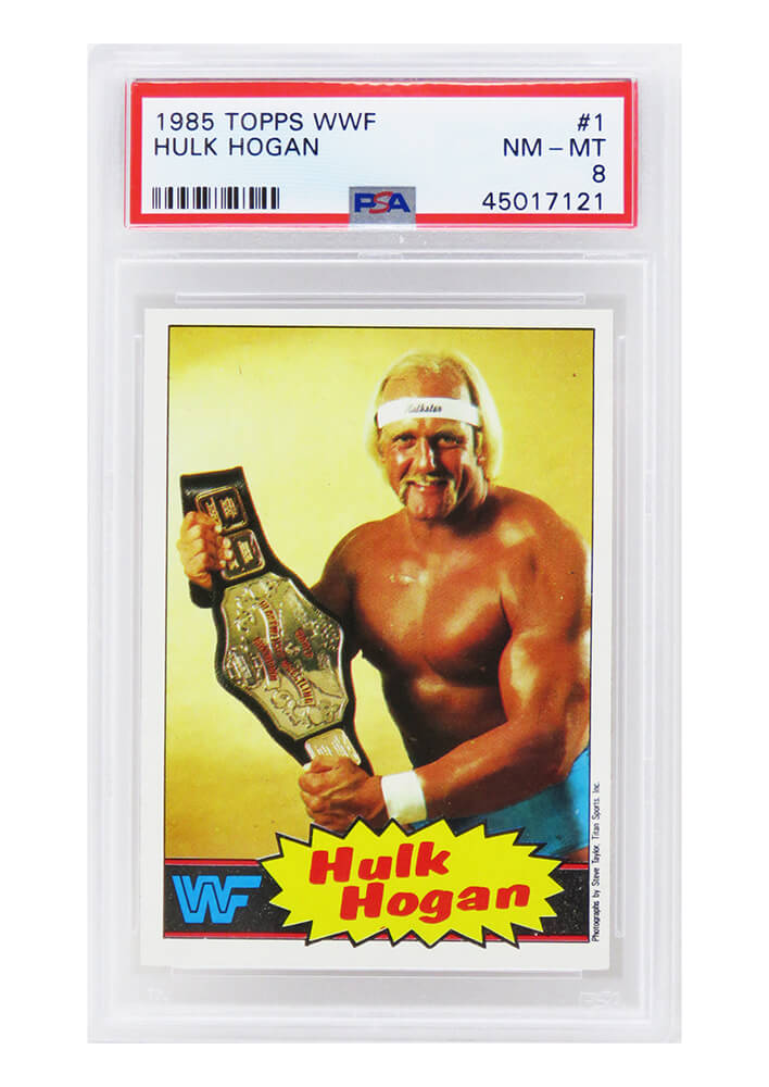 Hulk Hogan 1985 Topps WWF Pro Wrestling Stars (Yellow Background) RC Rookie Card #1 - PSA 8 NM-MT - PS5HH85T1 - Hulk Hogan 1985 Topps WWF Pro Wrestling Stars (Yellow Background) RC Rookie Card #1 - PSA 8 NM-MT product image
