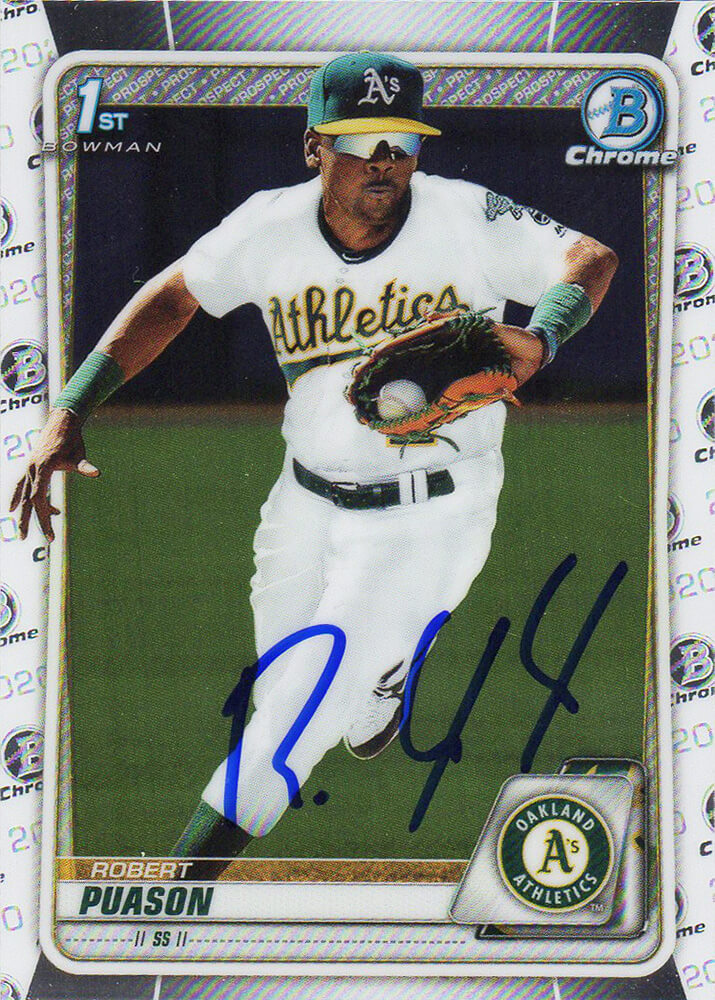 Robert Puason Signed Oakland A's 2020 Topps Bowman Chrome Baseball Rookie Card #BP-145 - PUACAR101 - Robert Puason Signed Oakland A's 2020 Topps Bowman Chrome Baseball Rookie Card #BP-145 product image