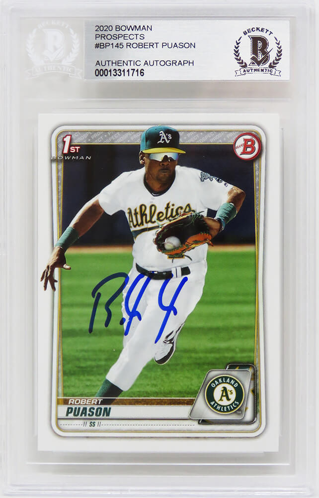 Robert Puason Signed Oakland A's 2020 Topps Bowman Baseball Rookie Card #BP-145 - (Beckett Encapsulated) - PUACAR102 - Robert Puason Signed Oakland A's 2020 Topps Bowman Baseball Rookie Card #BP-145 - (Beckett Encapsulated) product image