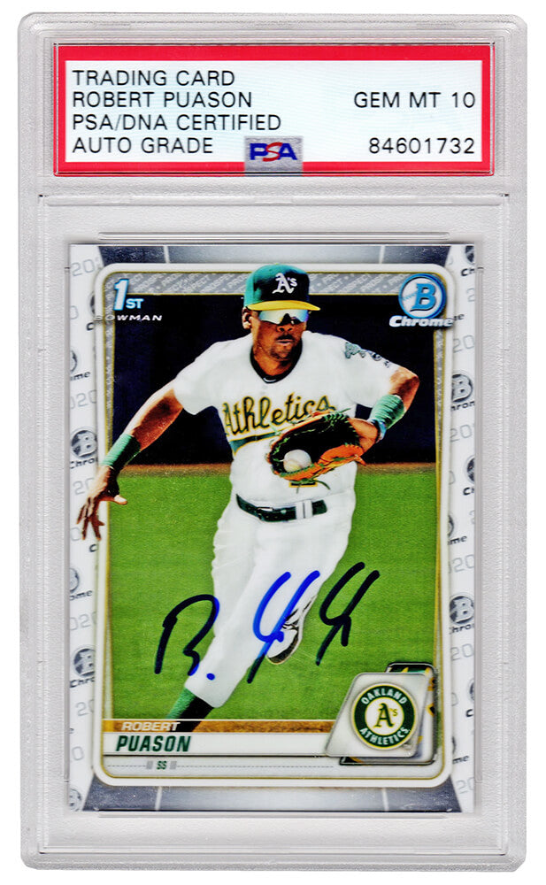 Robert Puason Signed Oakland A's 2020 Topps Bowman Chrome Baseball Rookie Card #BCP-145 - (PSA/DNA / Auto Grade 10) - PUACAR105 - Robert Puason Signed Oakland A's 2020 Topps Bowman Chrome Baseball Rookie Card #BCP-145 - (PSA/DNA / Auto Grade 10) product image