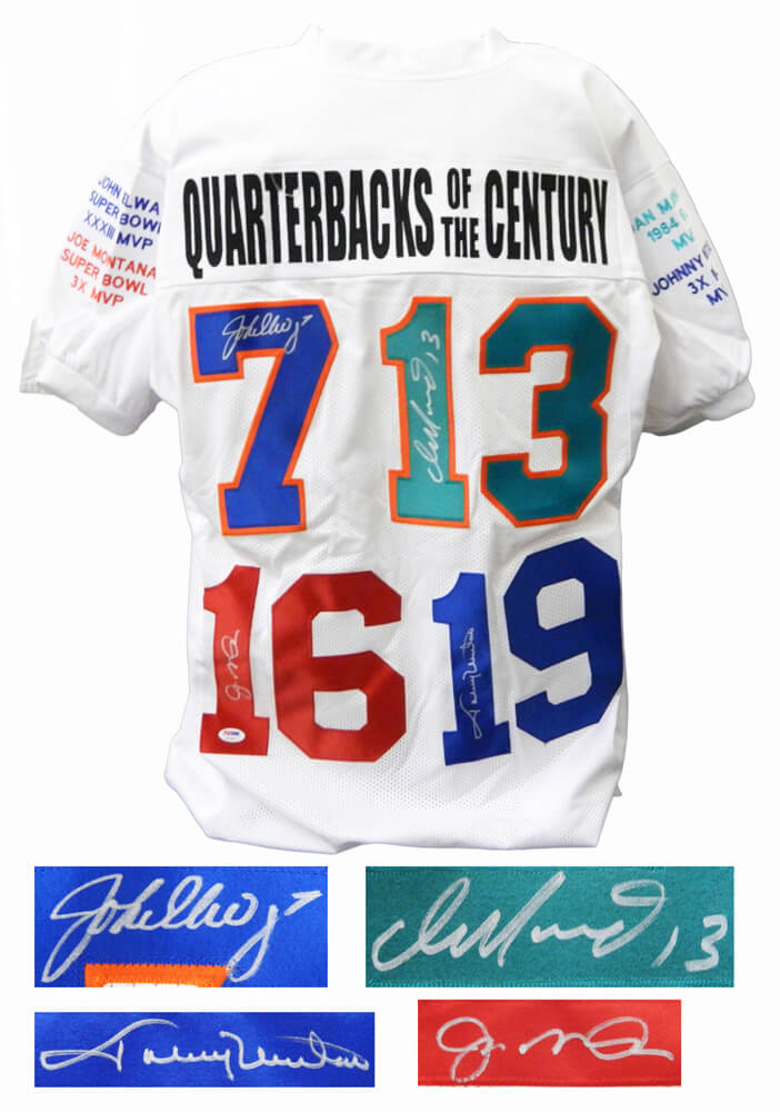 Joe Montana, Johnny Unitas, John Elway & Dan Marino Signed Quarterbacks of the Century White Football Jersey - QUAJRY300 - Joe Montana, Johnny Unitas, John Elway & Dan Marino Signed Quarterbacks of the Century White Football Jersey product image