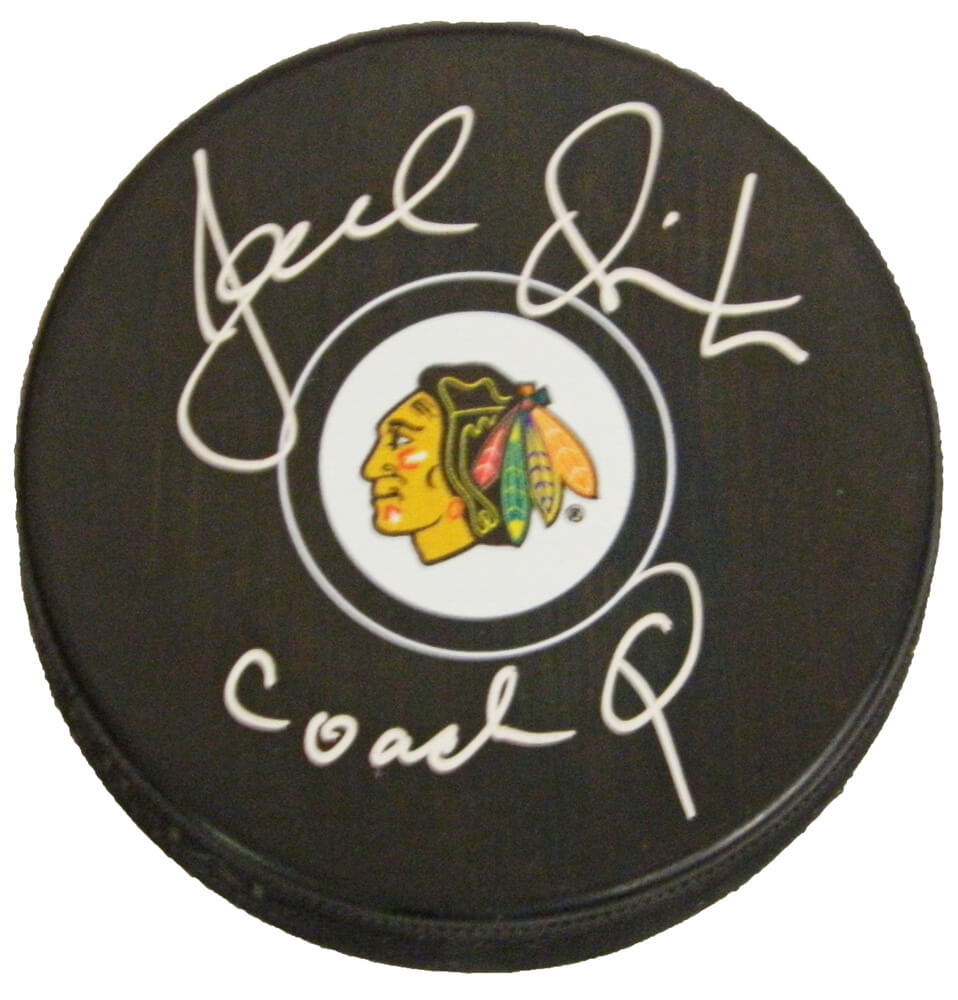 Joel Quenneville Signed Chicago Blackhawks Logo Hockey Puck w/Coach Q - QUEPUC404 - Joel Quenneville Signed Chicago Blackhawks Logo Hockey Puck w/Coach Q product image