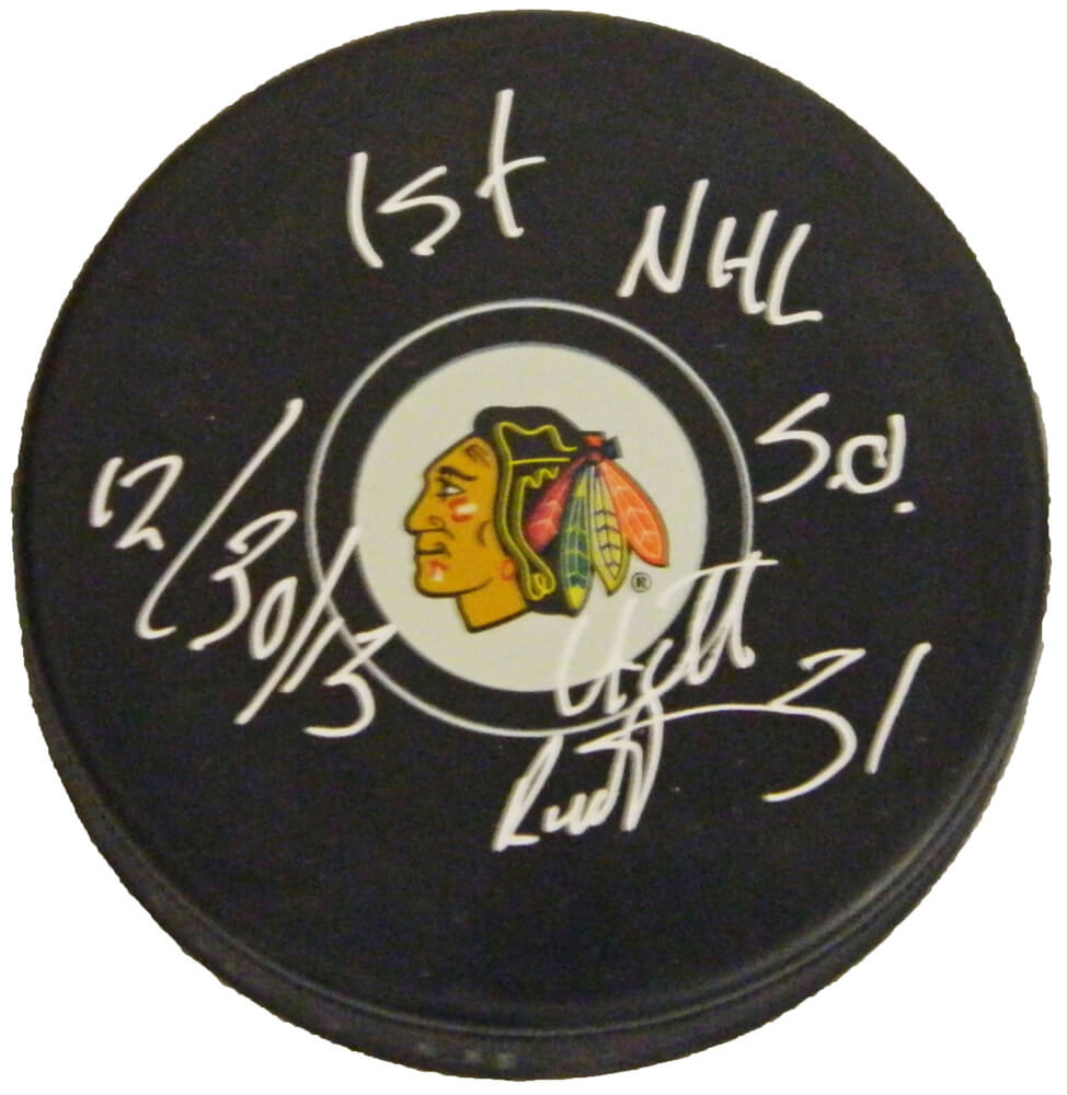 Antti Raanta Signed Chicago Blackhawks Logo Hockey Puck w/1st NHL S.O. 12-30-13 - RAAPUC402 - Antti Raanta Signed Chicago Blackhawks Logo Hockey Puck w/1st NHL S.O. 12-30-13 product image