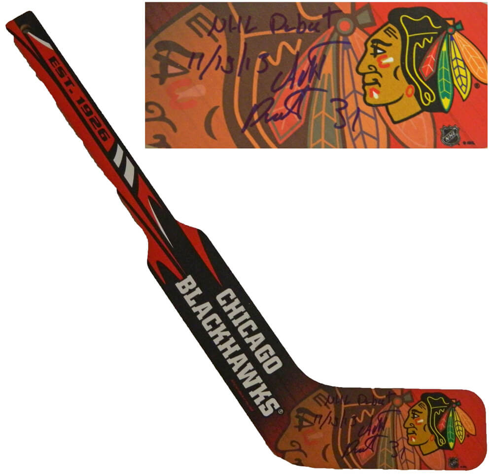 Antti Raanta Signed Chicago Blackhawks Logo Mini Goalie Hockey Stick w/NHL Debut 11-19-13 - RAASTK401 - Antti Raanta Signed Chicago Blackhawks Logo Mini Goalie Hockey Stick w/NHL Debut 11-19-13 product image
