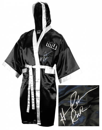 Hasim Rahman Signed Title Black Full Size Boxing Robe w/Rock - RAHROB500 - Hasim Rahman Signed Title Black Full Size Boxing Robe w/Rock product image
