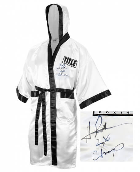 Hasim Rahman Signed Title White Full Size Boxing Robe w/2x Champ - RAHROB501 - Hasim Rahman Signed Title White Full Size Boxing Robe w/2x Champ product image