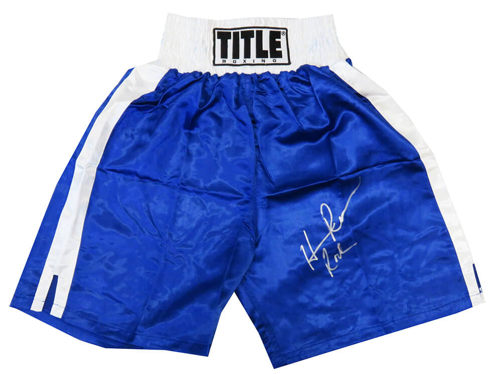 Hasim Rahman Signed Title Blue With White Waist Boxing Trunks w/Rock - RAHTRU502 - Hasim Rahman Signed Title Blue With White Waist Boxing Trunks w/Rock product image