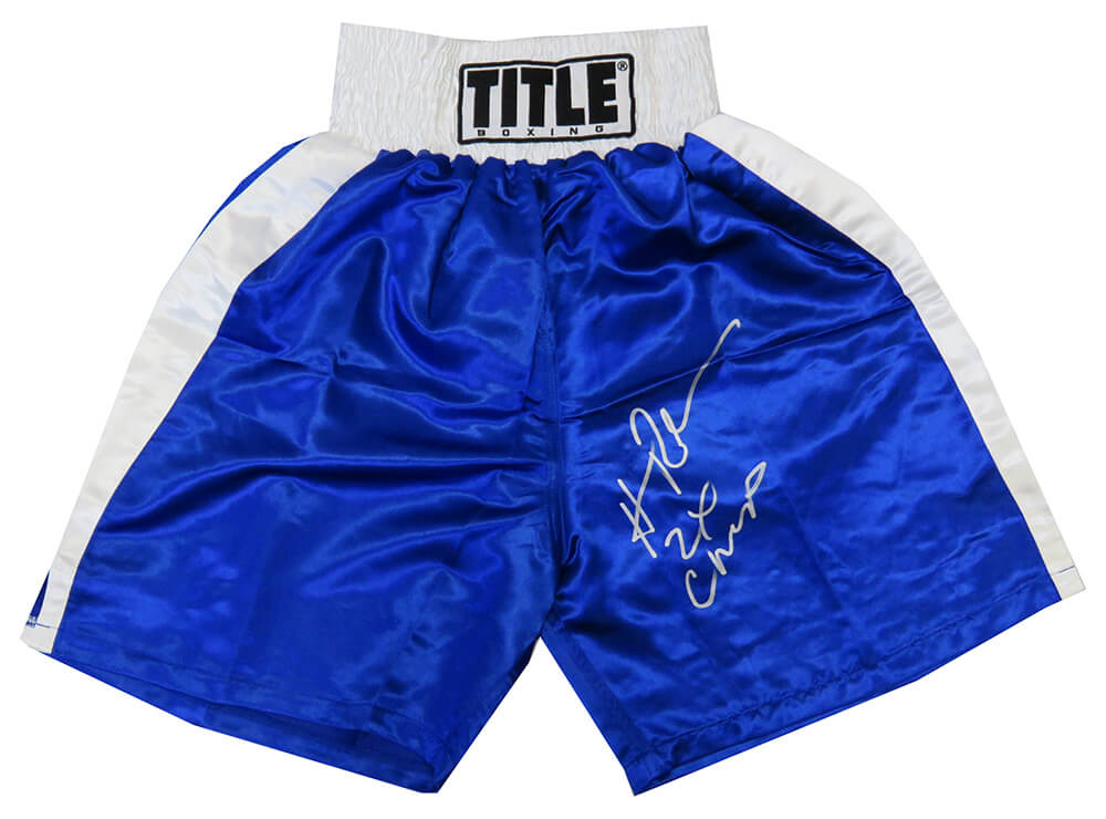 Hasim Rahman Signed Title Blue With White Waist Boxing Trunks w/2x Champ - RAHTRU503 - Hasim Rahman Signed Title Blue With White Waist Boxing Trunks w/2x Champ product image