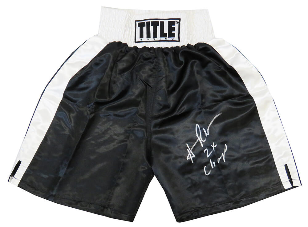 Hasim Rahman Signed Title Black With White Waist Boxing Trunks w/2x Champ - RAHTRU504 - Hasim Rahman Signed Title Black With White Waist Boxing Trunks w/2x Champ product image