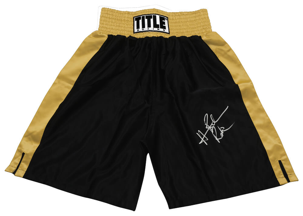 Hasim Rahman Signed Title Black & Gold Boxing Trunks w/Rock - RAHTRU505 - Hasim Rahman Signed Title Black & Gold Boxing Trunks w/Rock product image