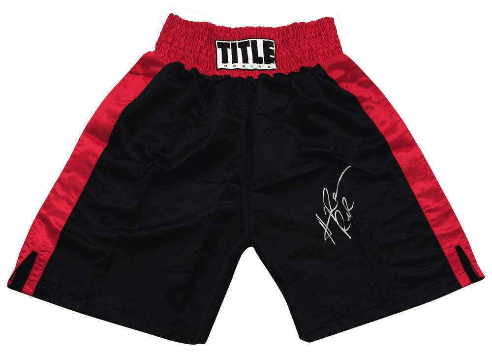 Hasim Rahman Signed Title Black & Red Boxing Trunks w/Rock - RAHTRU506 - Hasim Rahman Signed Title Black & Red Boxing Trunks w/Rock product image