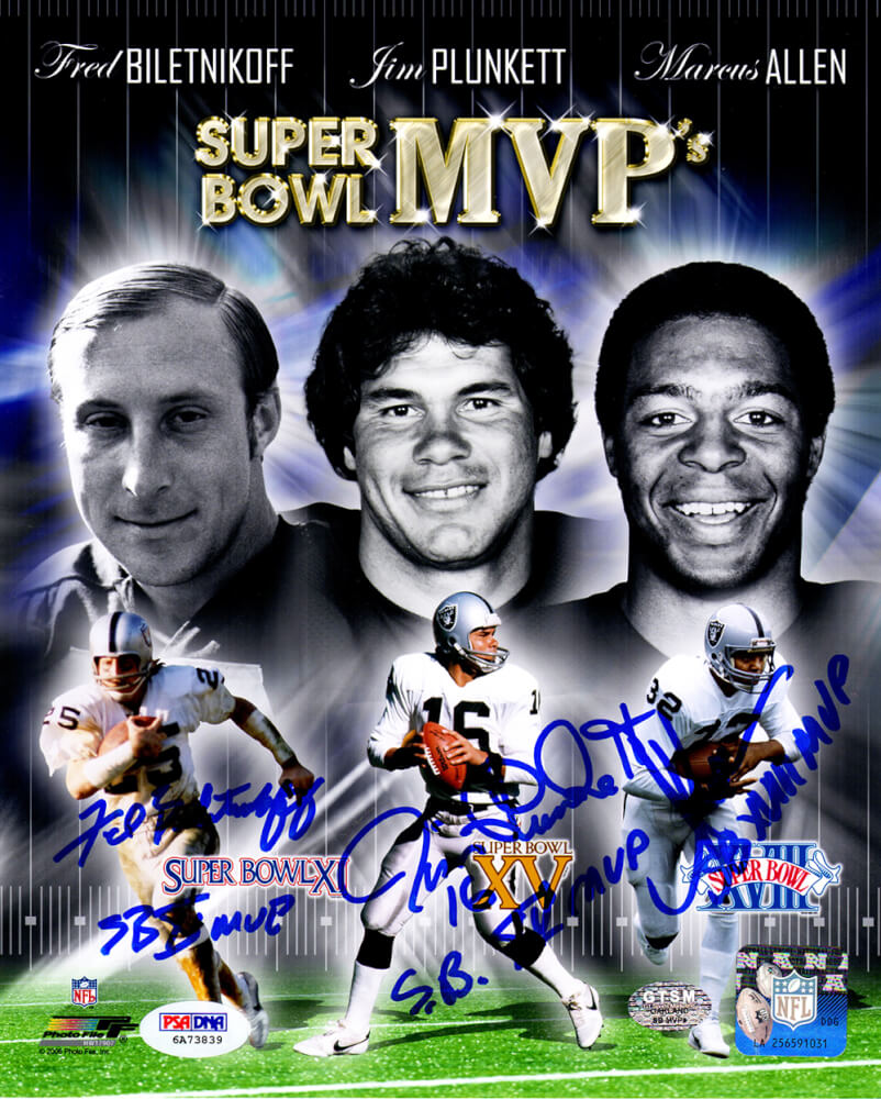Fred Biletnikoff, Jim Plunkett & Marcus Allen Triple Signed Raiders Super Bowl MVP 8x10 Photo w/SB MVP (PSA/DNA) - RAI08P300 - Fred Biletnikoff, Jim Plunkett & Marcus Allen Triple Signed Raiders Super Bowl MVP 8x10 Photo w/SB MVP (PSA/DNA) product image