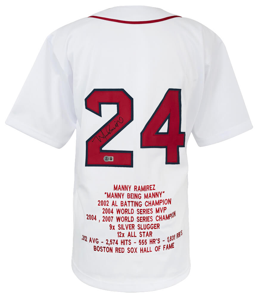 Manny Ramirez Signed White Custom Embroidered Stat Baseball Jersey - (Beckett) - RAMJRY102 - Manny Ramirez Signed White Custom Embroidered Stat Baseball Jersey - (Beckett) product image