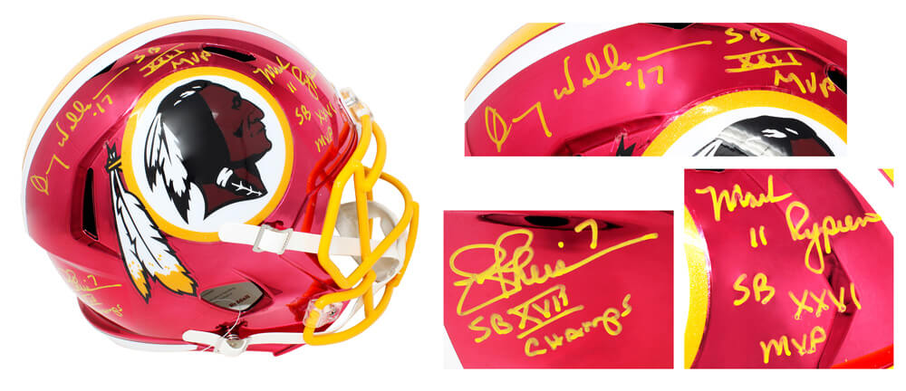 Joe Theismann, Doug Williams & Mark Rypien Signed Redskins Chrome Riddell Full Size Replica Helmet w/Inscriptions - REDREP300 - Joe Theismann, Doug Williams & Mark Rypien Signed Redskins Chrome Riddell Full Size Replica Helmet w/Inscriptions product image